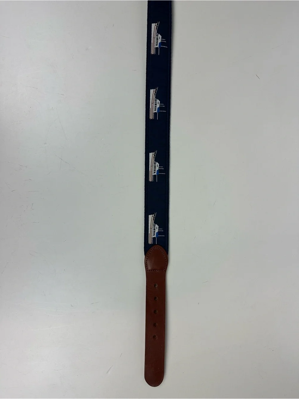 Navy Embroidered Boat Belt with Brown Leather Trim